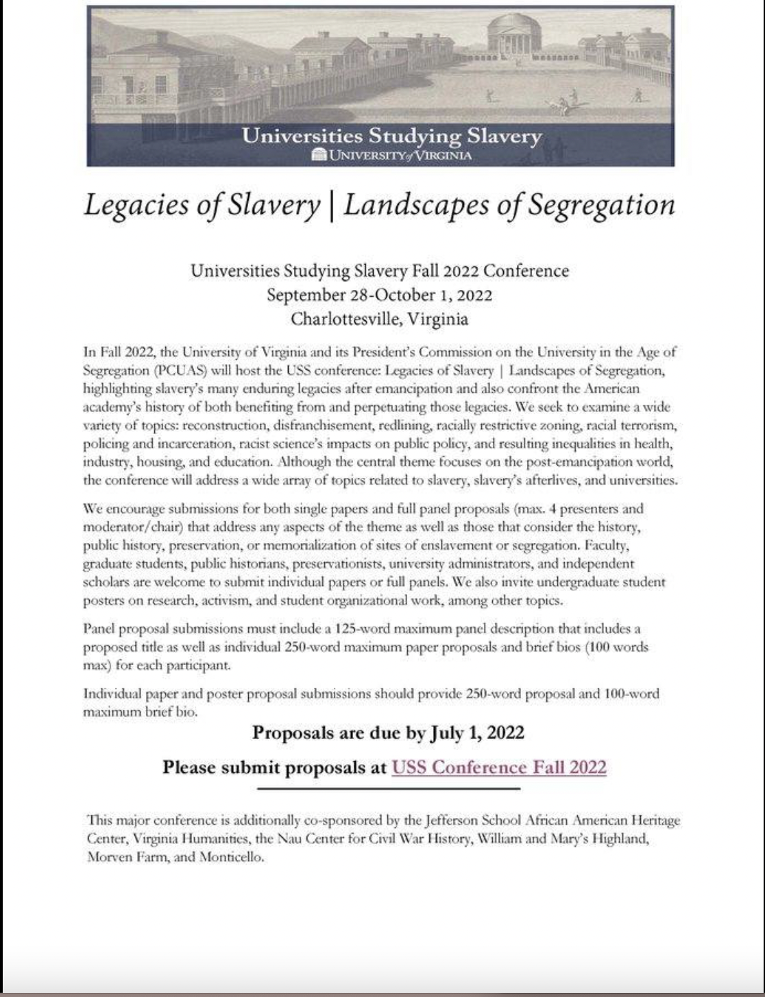 Call for papers: 2022 Legacies of Slavery Landscapes of Segregation, Universities Studying Slavery Conference 